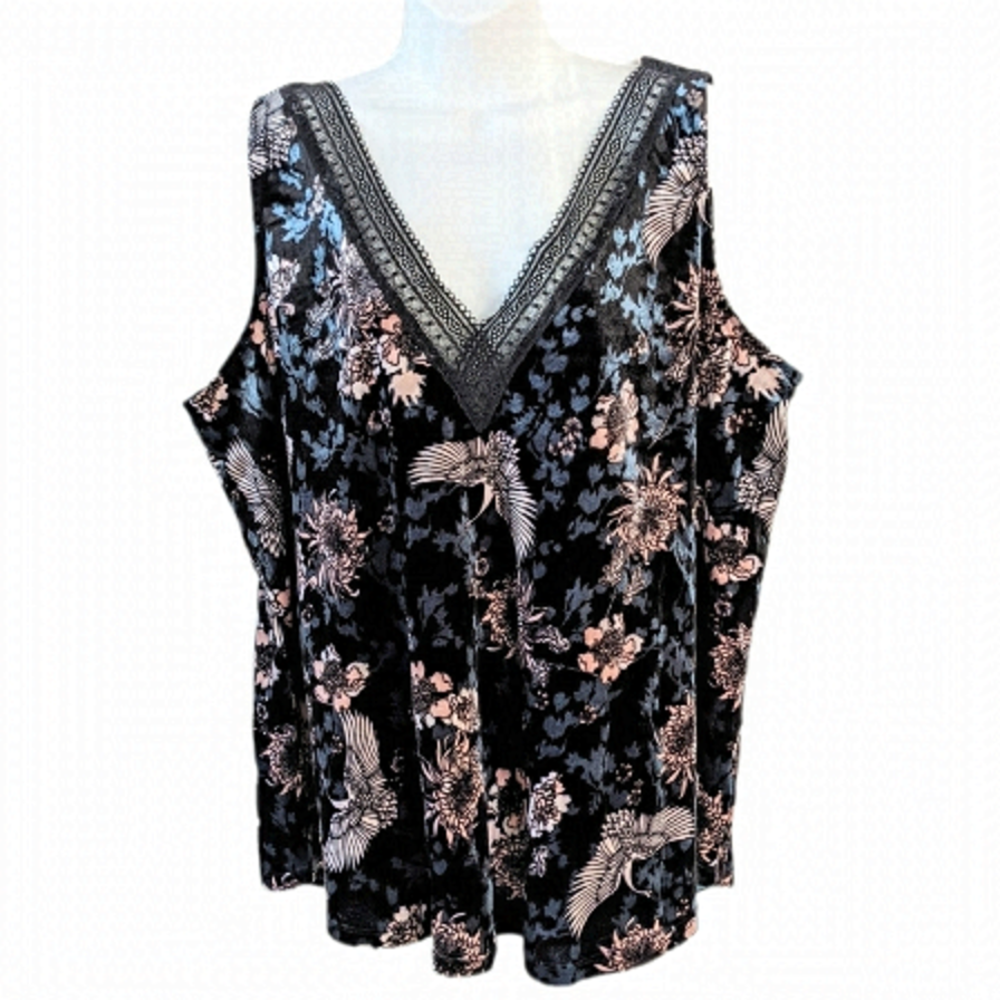 MICHEL studio velour velvet lace v neck floral birds top shirt 3XL @X